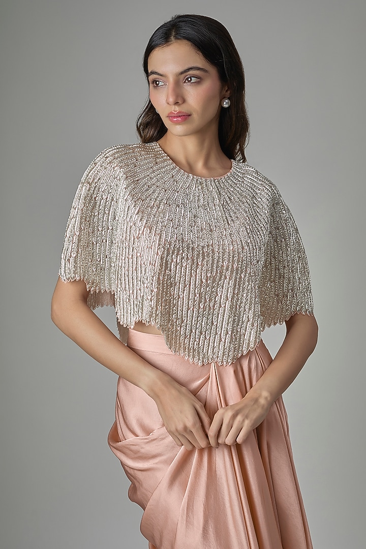 Peach Satin Draped Skirt Set by COUTURE BY NIHARIKA at Pernia's Pop Up Shop