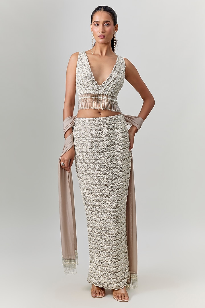 Grey Organza Sequin Embroidered Pencil Skirt Set by COUTURE BY NIHARIKA at Pernia's Pop Up Shop