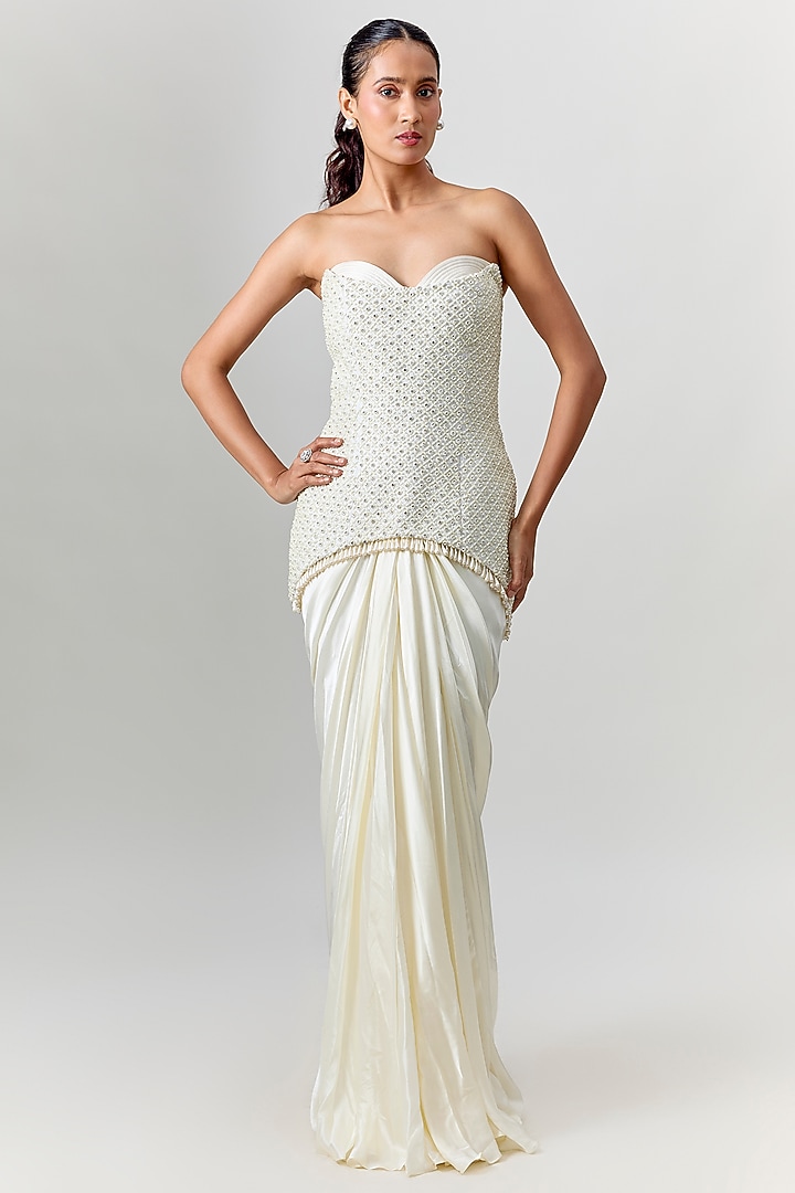 Ivory Raw Silk Pleated Draped Skirt Set by COUTURE BY NIHARIKA at Pernia's Pop Up Shop