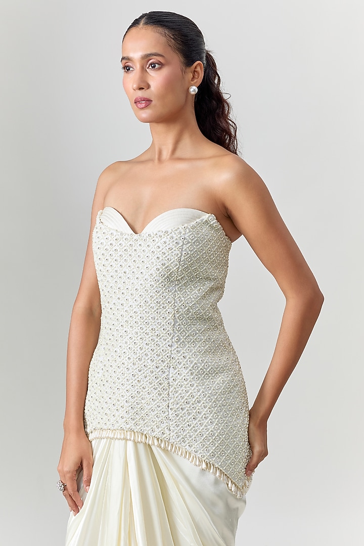 Ivory Raw Silk Pleated Draped Skirt Set by COUTURE BY NIHARIKA at Pernia's Pop Up Shop