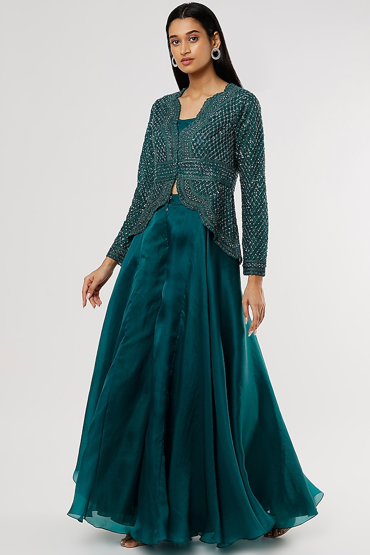 Emerald Green Embroidered Jacket Set by COUTURE BY NIHARIKA at Pernia's Pop Up Shop