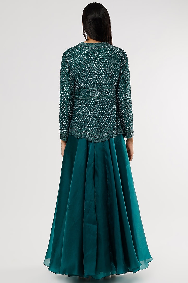 Emerald Green Embroidered Jacket Set by COUTURE BY NIHARIKA at Pernia's Pop Up Shop