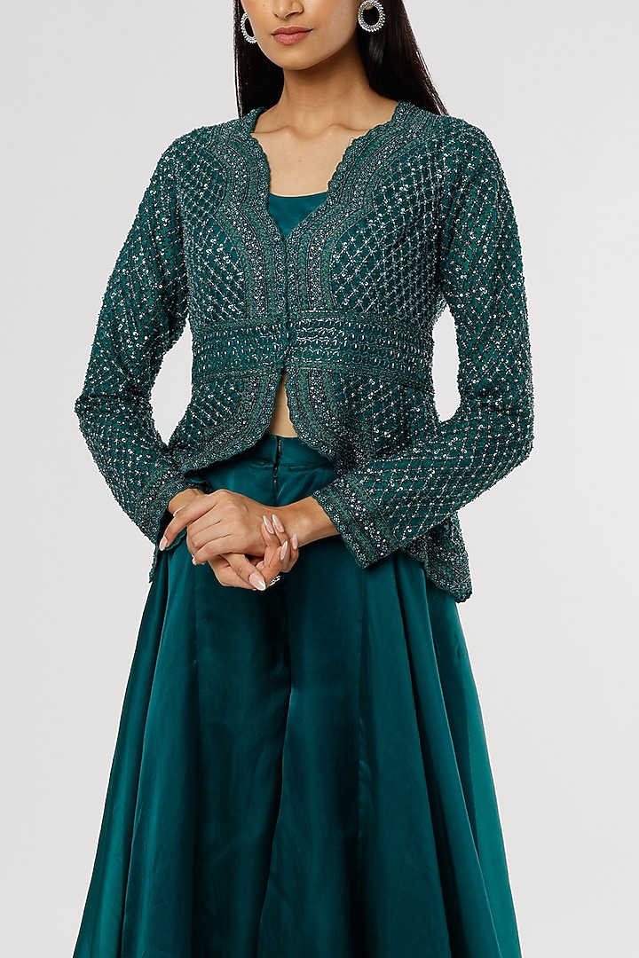Emerald Green Embroidered Jacket Set by COUTURE BY NIHARIKA at Pernia's Pop Up Shop