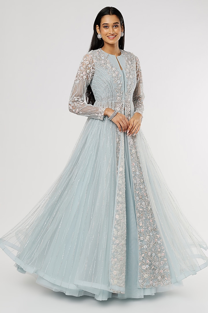 Sky Blue Embroidered Jacket Set by COUTURE BY NIHARIKA