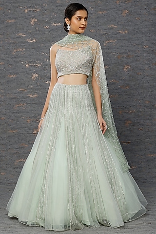 Mint Green Net Lehenga Set by COUTURE BY NIHARIKA