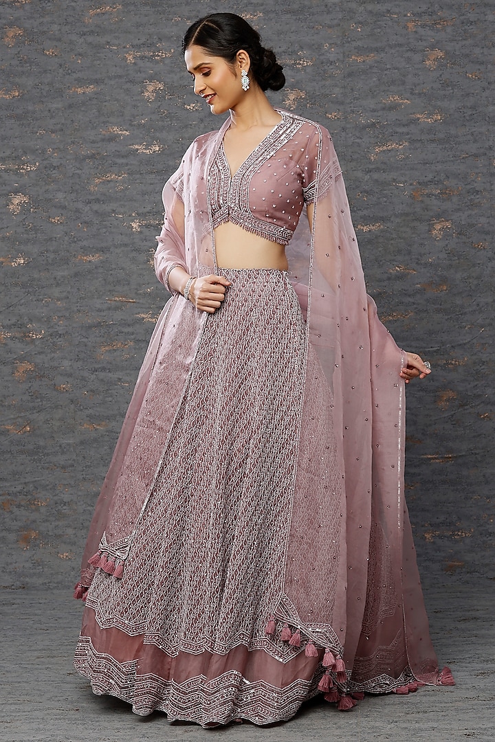 Dusty Purple Organza Embroidered Lehenga Set by COUTURE BY NIHARIKA