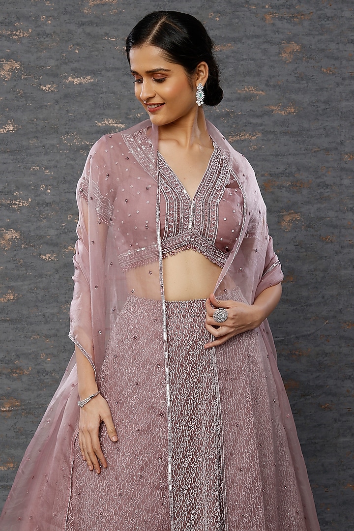 Dusty Purple Organza Embroidered Wedding Lehenga Set by COUTURE BY NIHARIKA at Pernia's Pop Up Shop