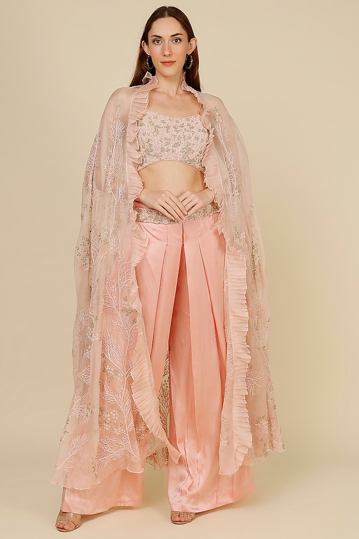 Powder Pink Organza Embroidered Cape Set by COUTURE BY NIHARIKA
