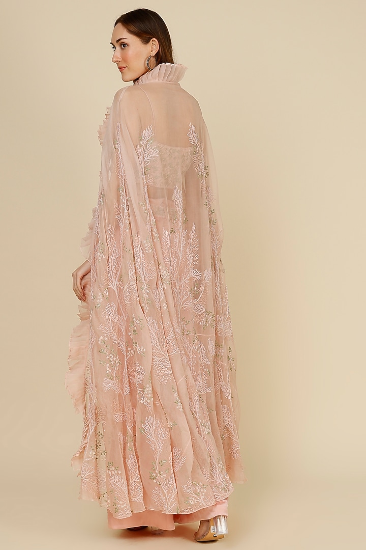 Powder Pink Organza Embroidered Cape Set by COUTURE BY NIHARIKA at Pernia's Pop Up Shop