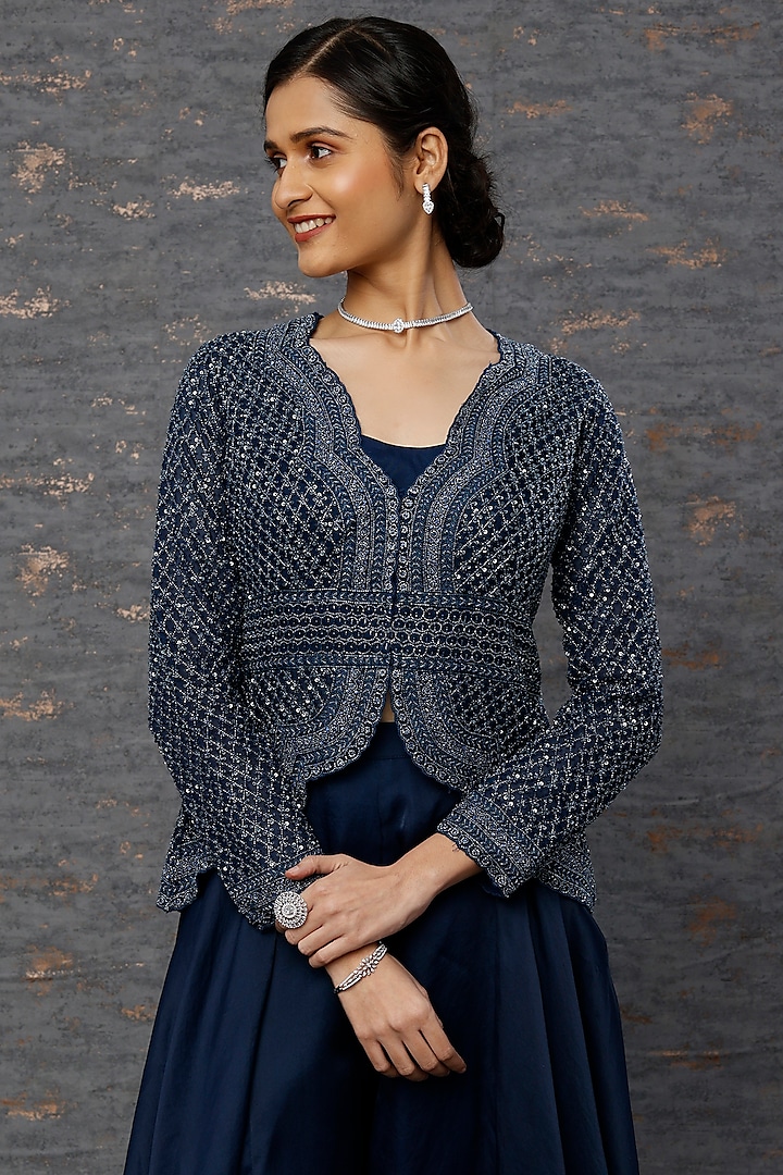 Cobalt Blue Embroidered Jacket Set by COUTURE BY NIHARIKA at Pernia's Pop Up Shop