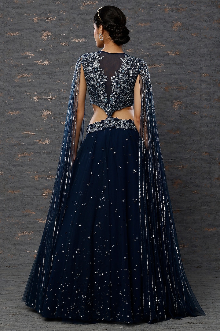 Cobalt Blue Taiwan Net Wedding Lehenga Set by COUTURE BY NIHARIKA at Pernia's Pop Up Shop