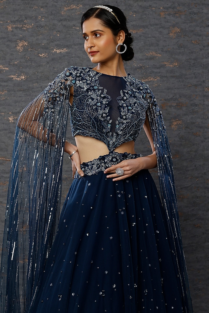 Cobalt Blue Taiwan Net Wedding Lehenga Set by COUTURE BY NIHARIKA at Pernia's Pop Up Shop