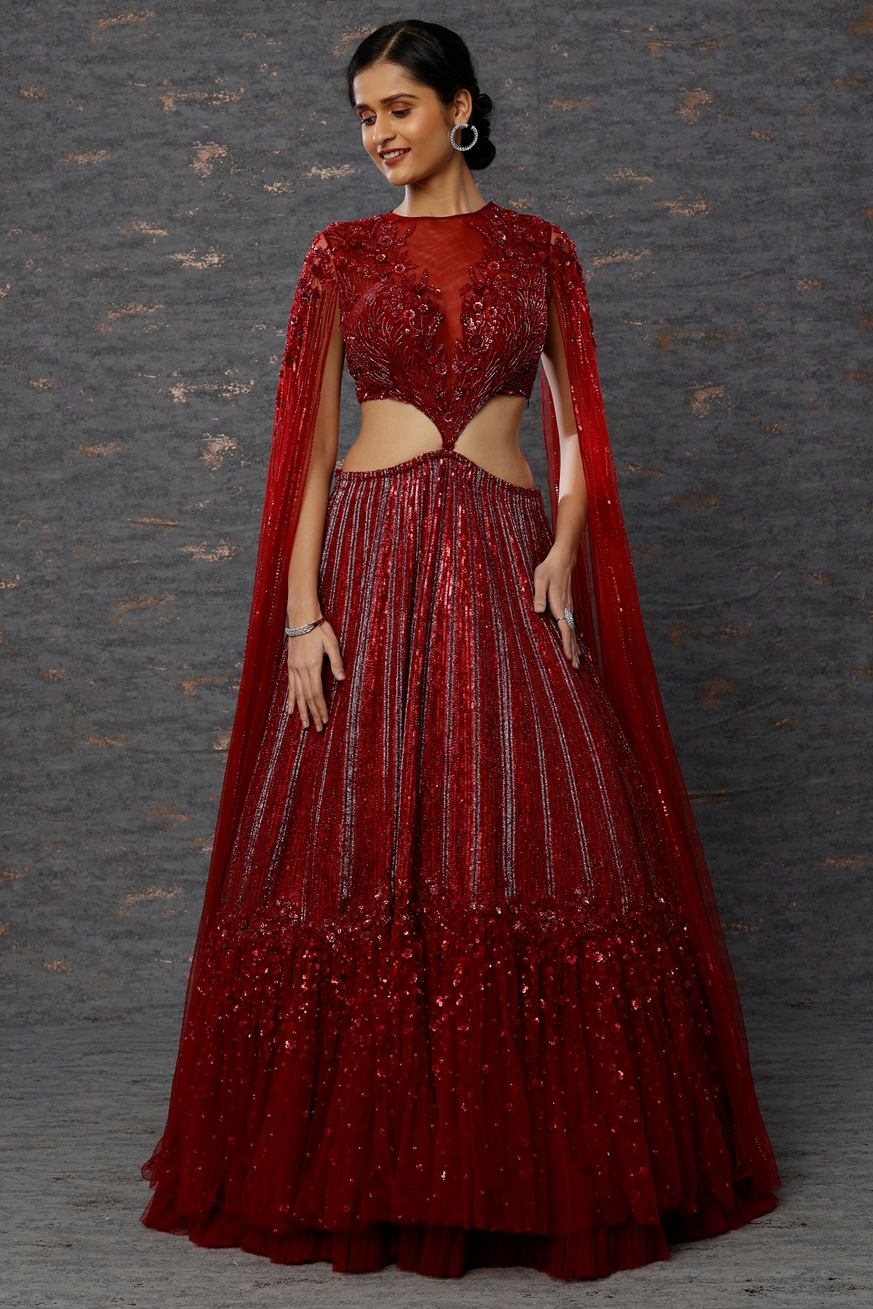 Red Taiwan Net Bridal Lehenga Set by COUTURE BY NIHARIKA at