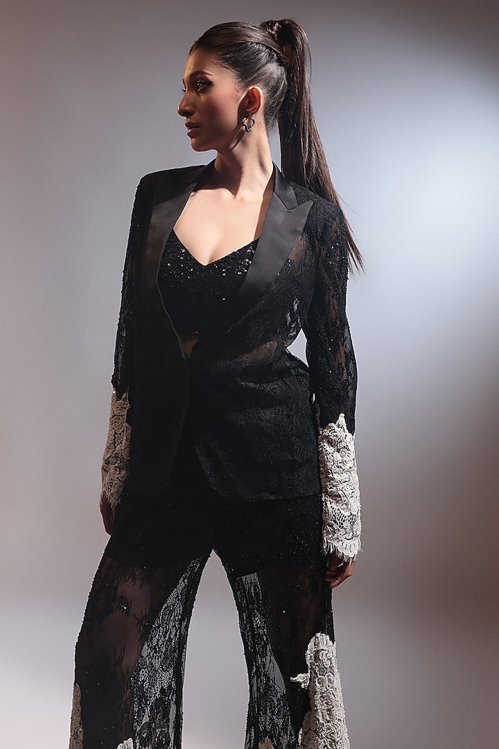 Black Lace Net Pant Set by COUTURE BY NIHARIKA at Pernia's Pop Up Shop