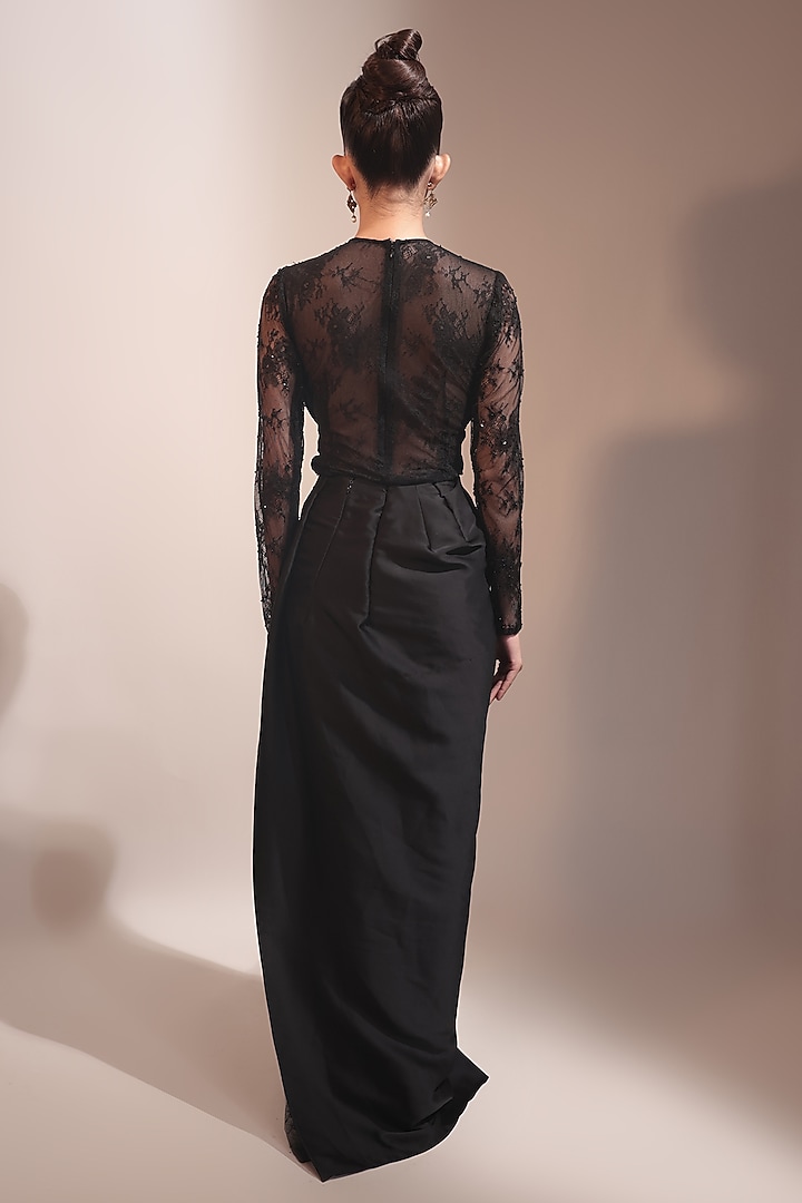Black Twill Satin Draped Layered Skirt Set by COUTURE BY NIHARIKA at Pernia's Pop Up Shop