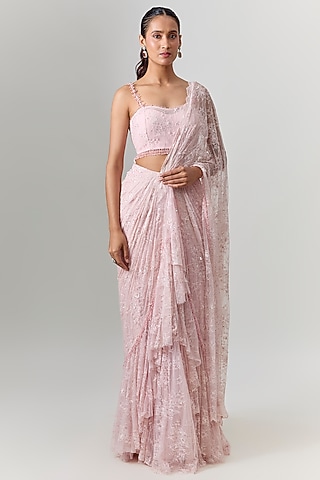 Powder Pink Net Hand Embroidered Draped Saree Set by couture by niharika