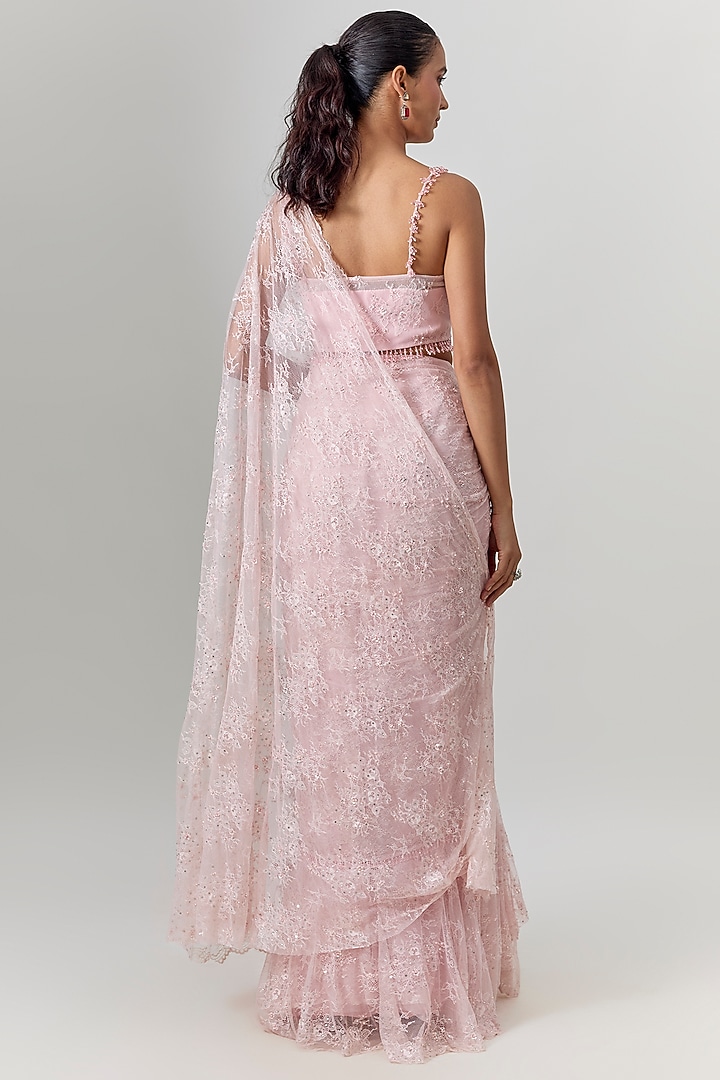 Powder Pink Net Hand Embroidered Draped Reception Saree Set by COUTURE BY NIHARIKA at Pernia's Pop Up Shop