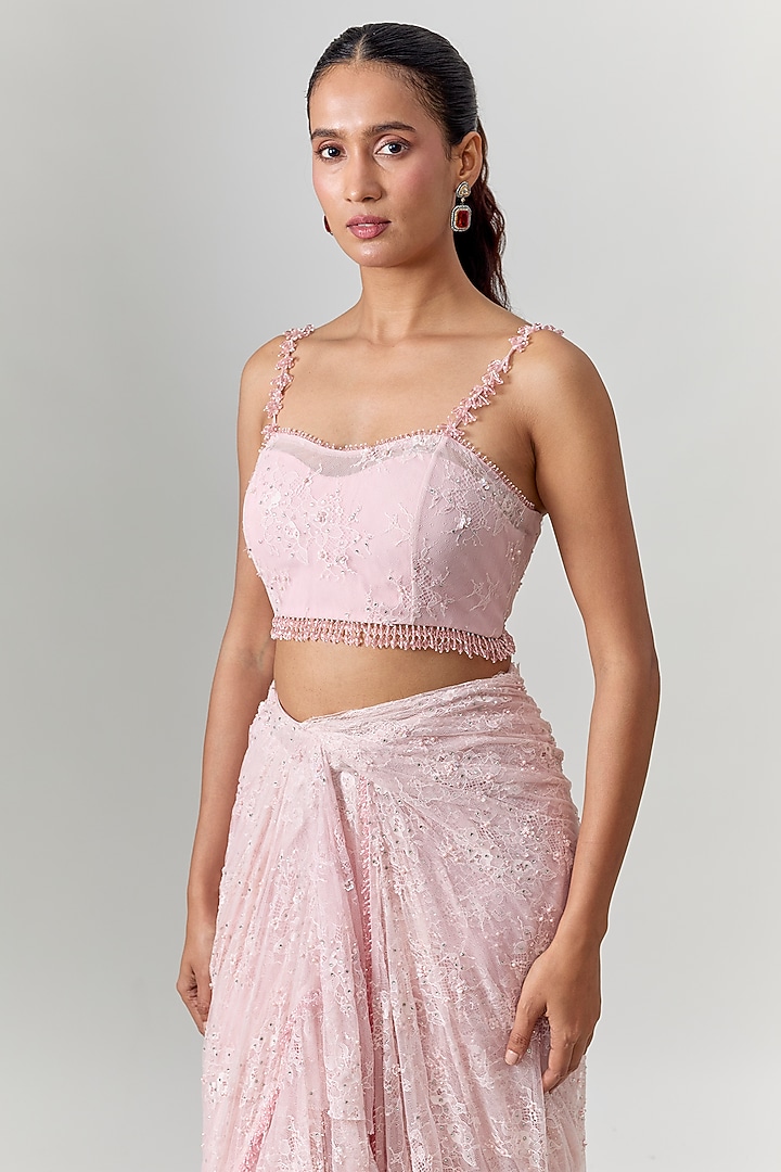 Powder Pink Net Hand Embroidered Draped Reception Saree Set by COUTURE BY NIHARIKA at Pernia's Pop Up Shop