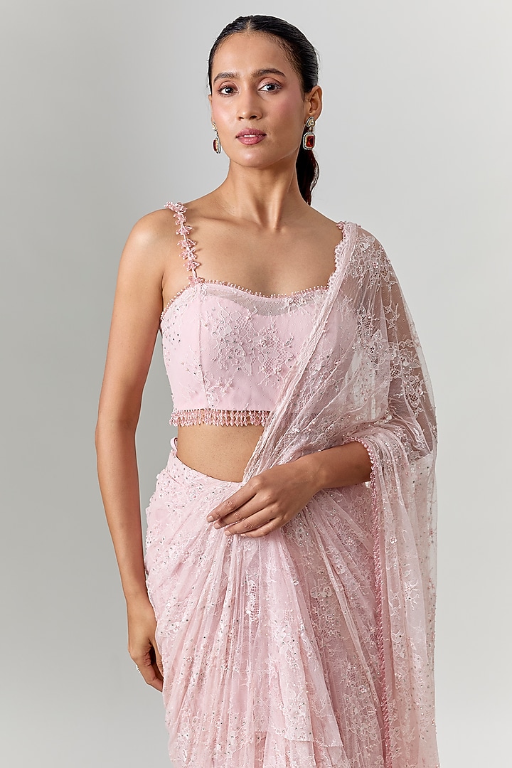 Powder Pink Net Hand Embroidered Draped Reception Saree Set by COUTURE BY NIHARIKA at Pernia's Pop Up Shop