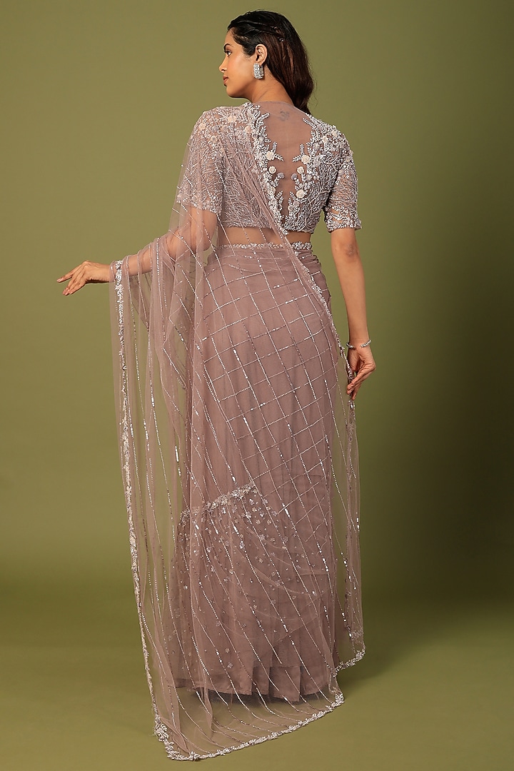 Dusty Purple Taiwan Net Embroidered Reception Saree Set by COUTURE BY NIHARIKA at Pernia's Pop Up Shop