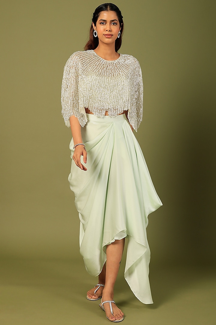 Mint Green Pure Satin Draped Skirt Set by COUTURE BY NIHARIKA