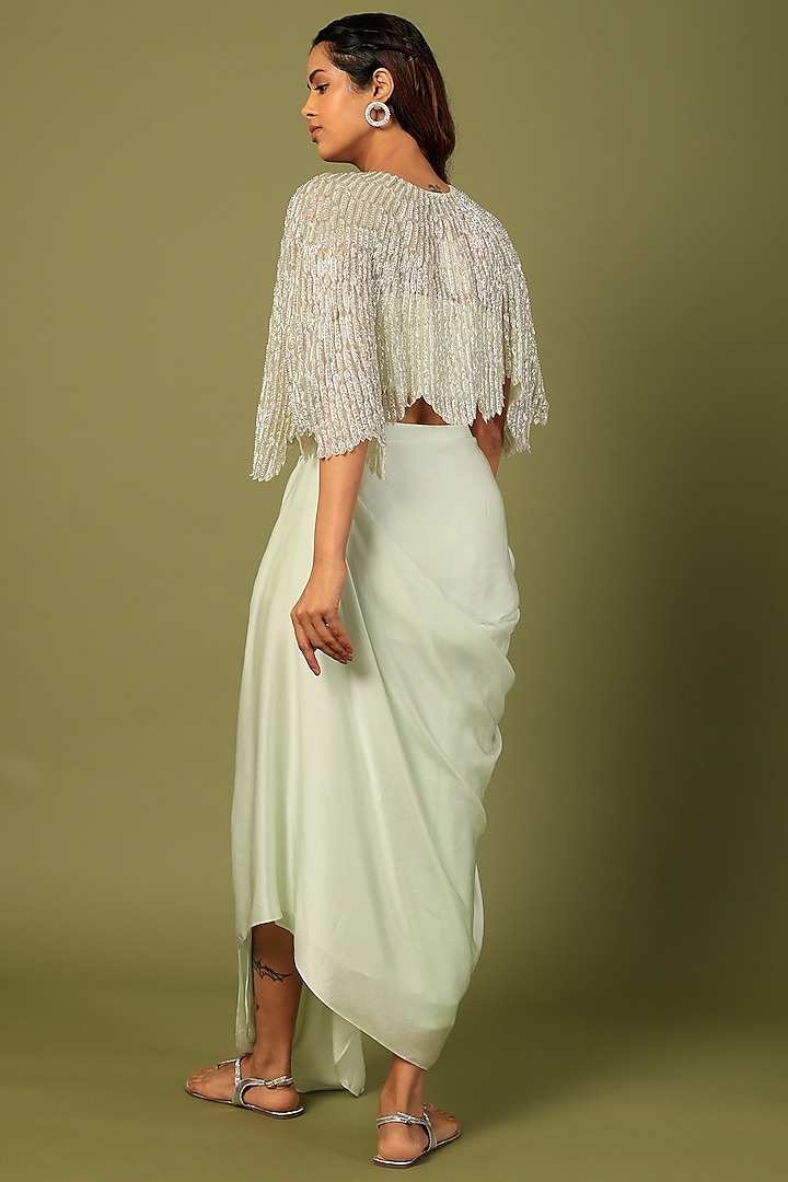 Mint Green Pure Satin Draped Skirt Set by COUTURE BY NIHARIKA at Pernia's Pop Up Shop
