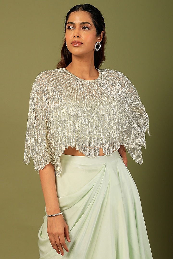 Mint Green Pure Satin Draped Skirt Set by COUTURE BY NIHARIKA at Pernia's Pop Up Shop