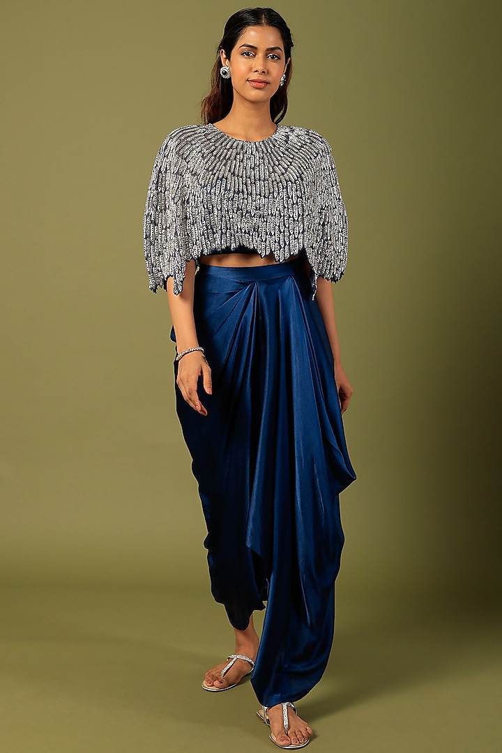 Cobalt Blue Pure Satin Draped Skirt Set by COUTURE BY NIHARIKA