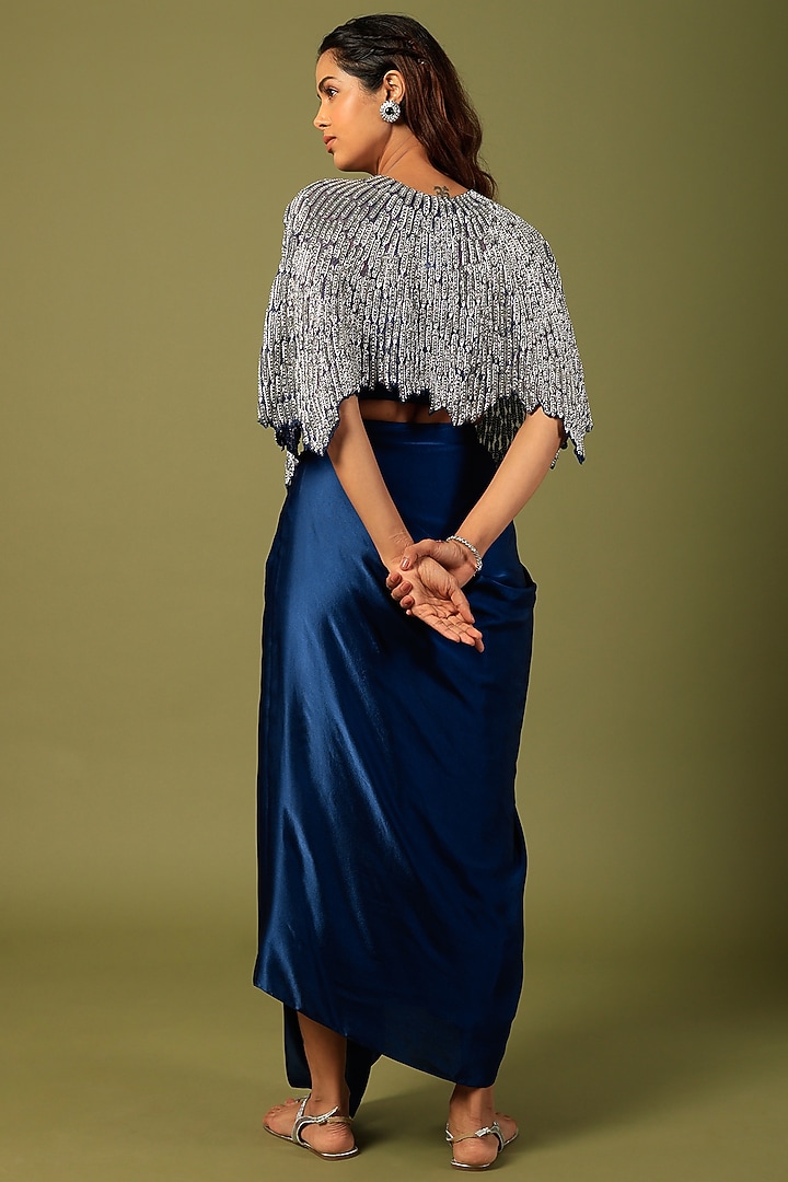 Cobalt Blue Pure Satin Draped Skirt Set by COUTURE BY NIHARIKA at Pernia's Pop Up Shop