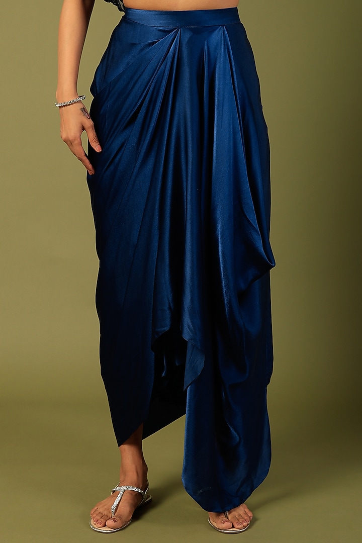 Cobalt Blue Pure Satin Draped Skirt Set by COUTURE BY NIHARIKA at Pernia's Pop Up Shop