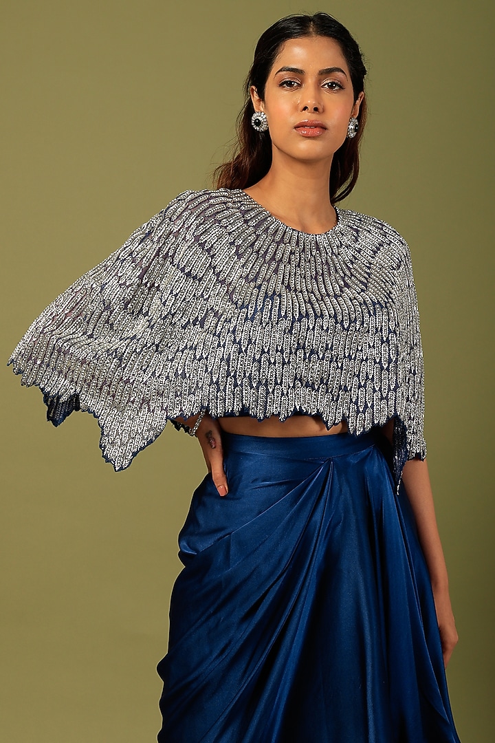 Cobalt Blue Pure Satin Draped Skirt Set by COUTURE BY NIHARIKA at Pernia's Pop Up Shop