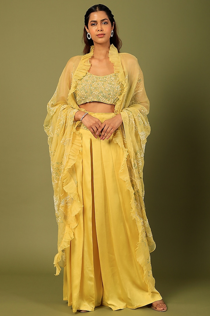 Yellow Embroidered Cape Set by COUTURE BY NIHARIKA