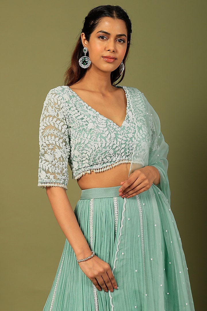 Aqua Green Organza & Chiffon Wedding Lehenga Set by COUTURE BY NIHARIKA at Pernia's Pop Up Shop