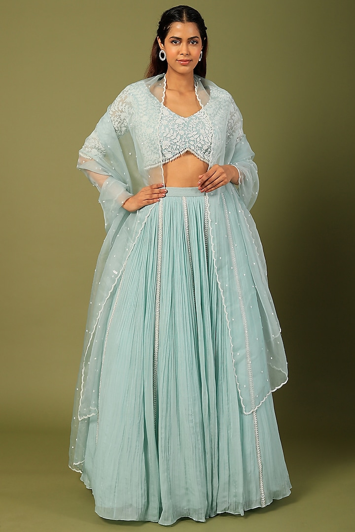 Sky Blue Organza & Chiffon Wedding Lehenga Set by COUTURE BY NIHARIKA at Pernia's Pop Up Shop