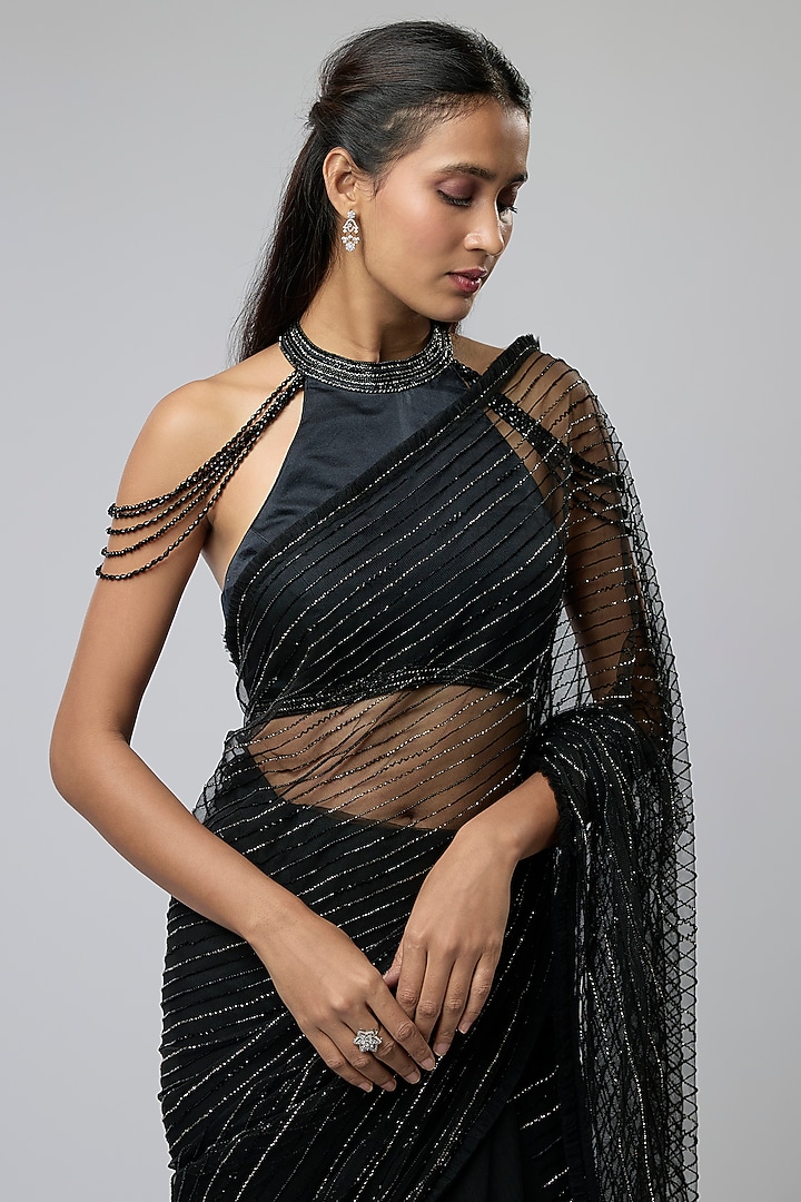 Black Net Wedding Saree Set by COUTURE BY NIHARIKA at Pernia's Pop Up Shop