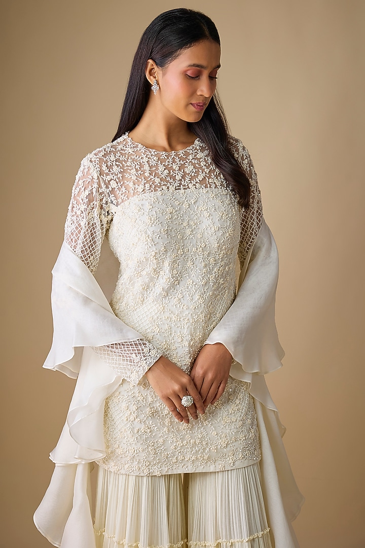 Ivory Organza & Viscose Layered Bridal Sharara Set by COUTURE BY NIHARIKA at Pernia's Pop Up Shop