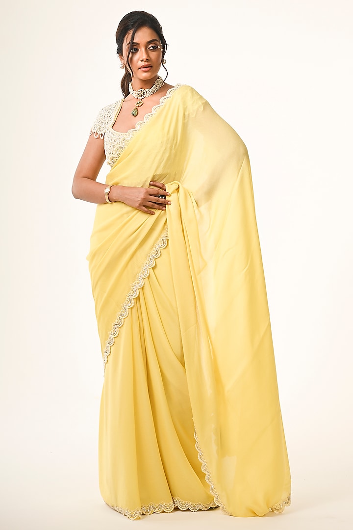 Yellow Organza & Chiffon Wedding Saree Set by COUTURE BY NIHARIKA at Pernia's Pop Up Shop