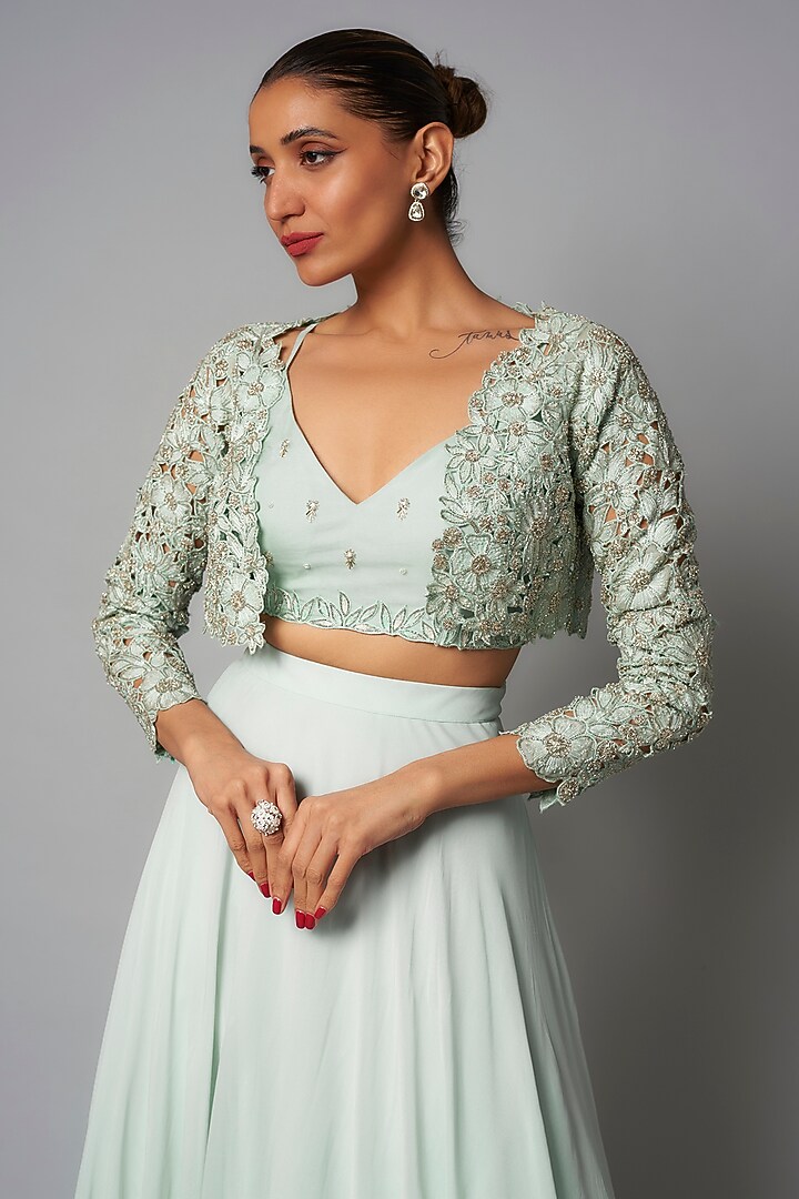 Powder Blue Viscose Georgette Skirt Set by COUTURE BY NIHARIKA at Pernia's Pop Up Shop