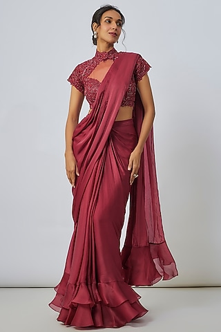 Red Satin Organza & Satin Georgette Ruffled Saree Set by COUTURE BY NIHARIKA