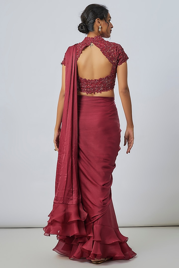 Red Satin Organza & Satin Georgette Ruffled Wedding Saree Set by COUTURE BY NIHARIKA at Pernia's Pop Up Shop