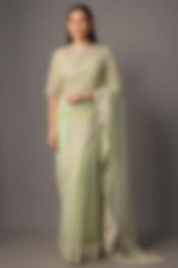 Mint Green Net & Organza Floral Embroidered Reception Saree Set by COUTURE BY NIHARIKA at Pernia's Pop Up Shop