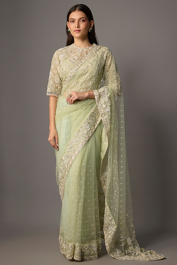 Mint Green Net & Organza Floral Embroidered Reception Saree Set by COUTURE BY NIHARIKA at Pernia's Pop Up Shop
