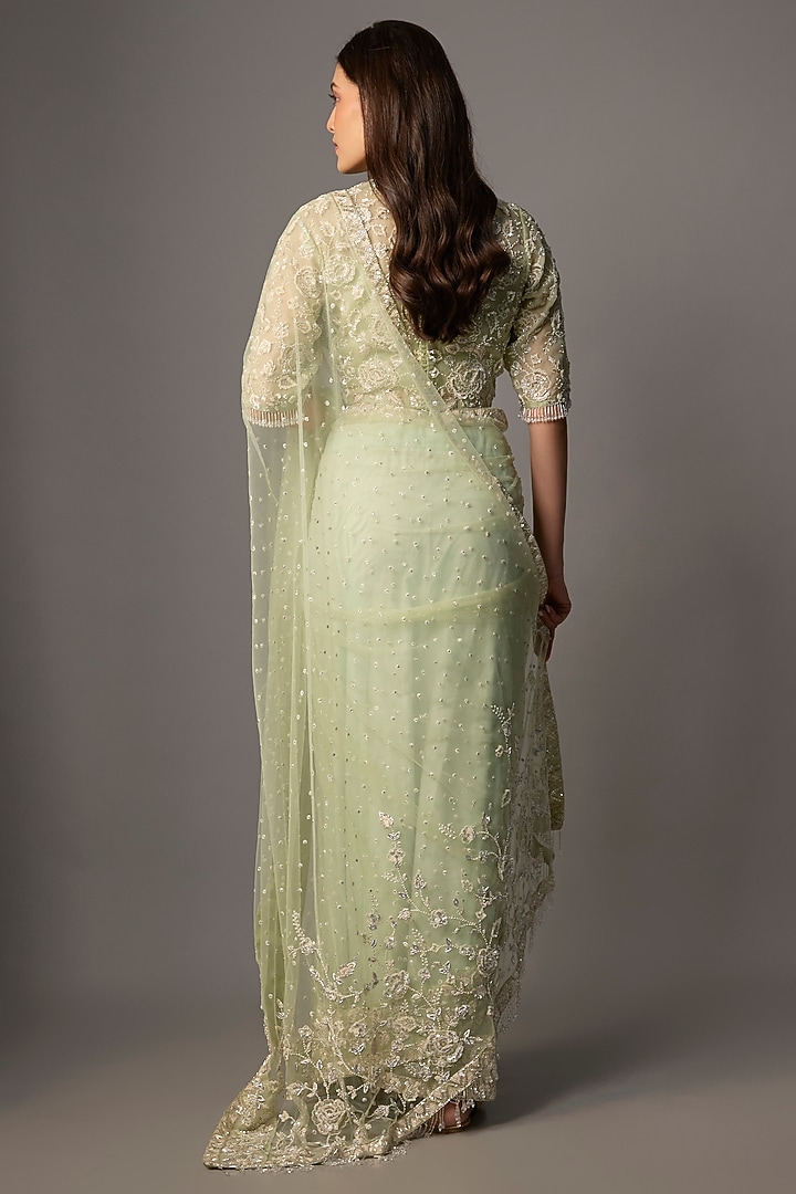Mint Green Net & Organza Floral Embroidered Reception Saree Set by COUTURE BY NIHARIKA at Pernia's Pop Up Shop