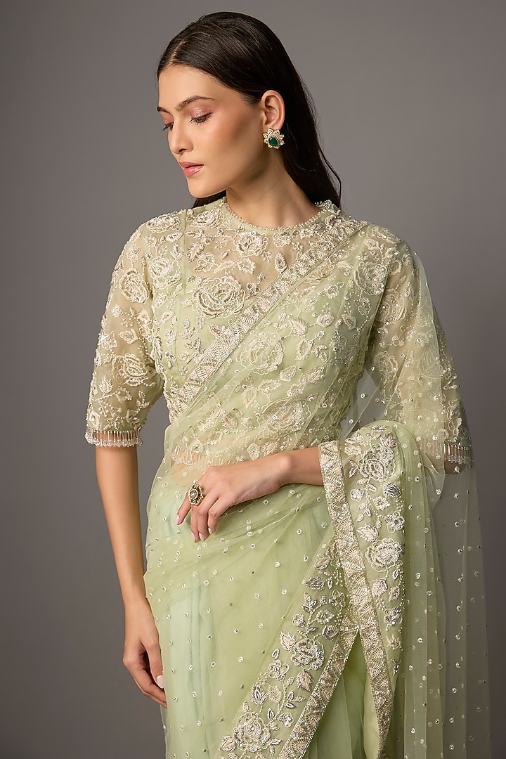 Mint Green Net & Organza Floral Embroidered Reception Saree Set by COUTURE BY NIHARIKA at Pernia's Pop Up Shop