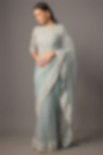 Powder Blue Net & Organza Floral Embroidered Reception Saree Set by COUTURE BY NIHARIKA at Pernia's Pop Up Shop