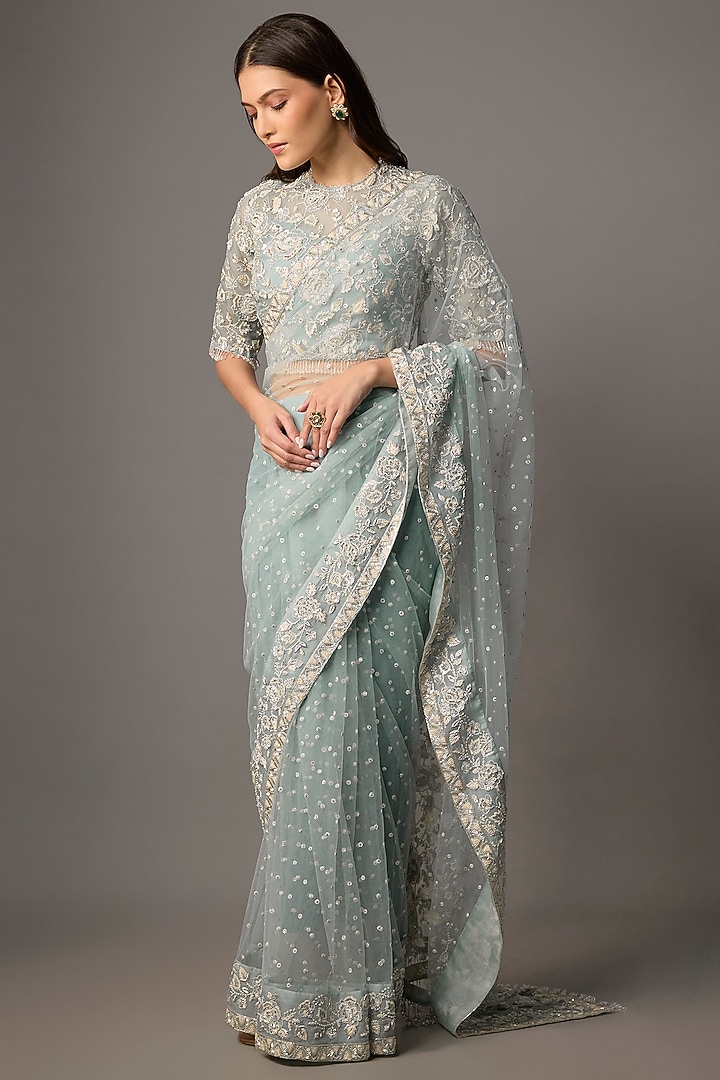 Powder Blue Net & Organza Floral Embroidered Reception Saree Set by COUTURE BY NIHARIKA at Pernia's Pop Up Shop