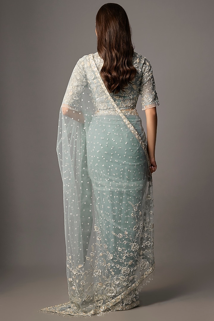 Powder Blue Net & Organza Floral Embroidered Reception Saree Set by COUTURE BY NIHARIKA at Pernia's Pop Up Shop