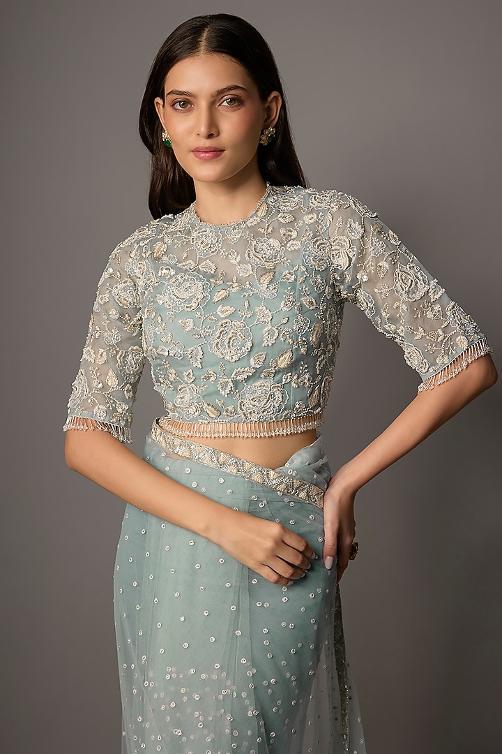 Powder Blue Net & Organza Floral Embroidered Reception Saree Set by COUTURE BY NIHARIKA at Pernia's Pop Up Shop