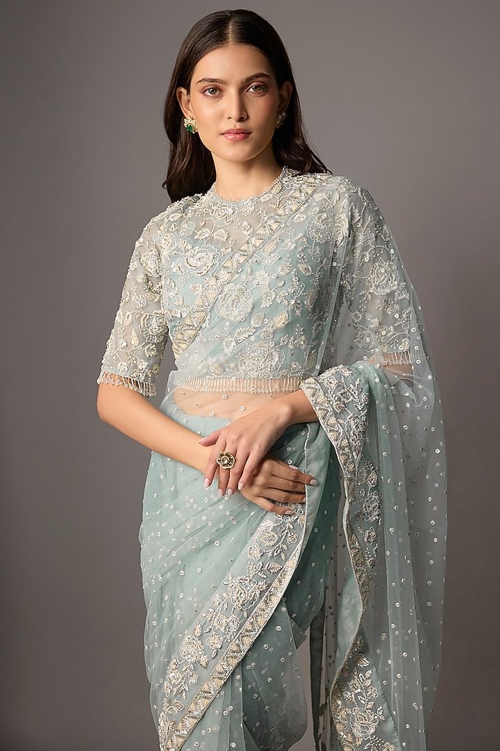 Powder Blue Net & Organza Floral Embroidered Reception Saree Set by COUTURE BY NIHARIKA at Pernia's Pop Up Shop