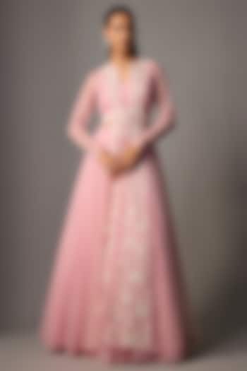 Powder Pink Net Embroidered Jacket Set by COUTURE BY NIHARIKA at Pernia's Pop Up Shop